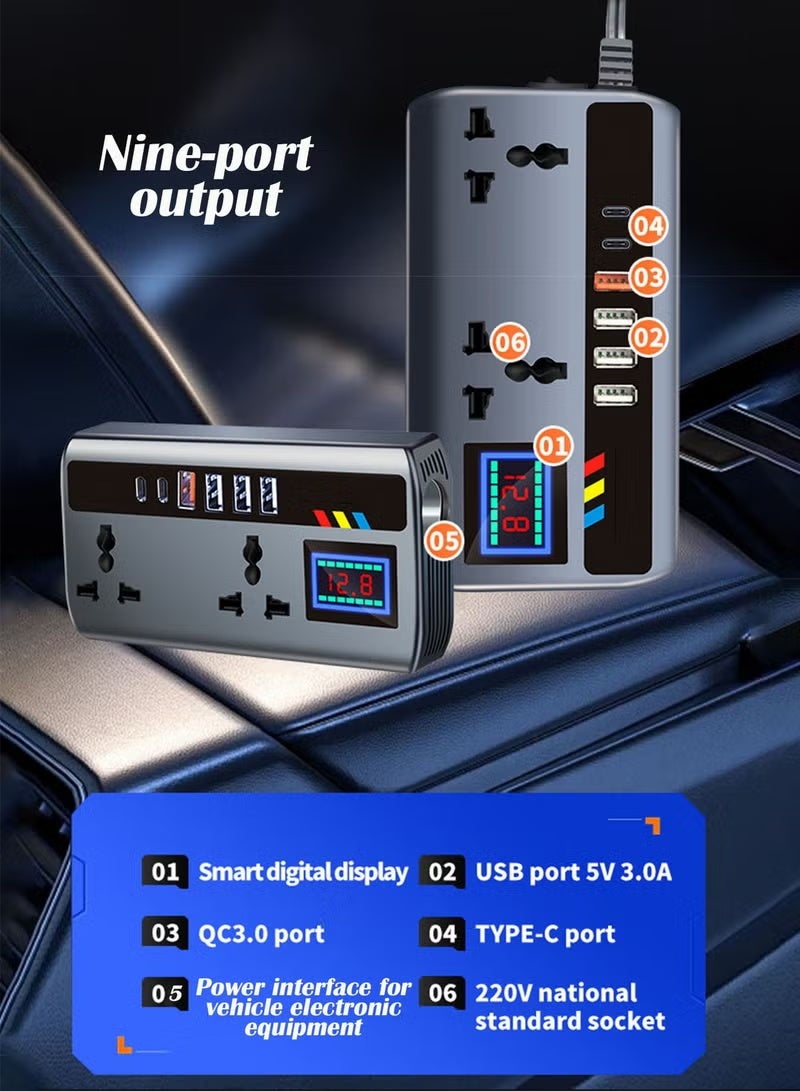 محول طاقة للسيارة بقدرة 200 واط، محول مقبس كهربائي للسيارة، من تيار مستمر 12/24 فولت إلى تيار متردد 220 فولت، محول قابس سيارة مزود بـ 3 منافذ USB ومنفذين من النوع C، مفتاح مدمج وشاشة عرض تيار LCD، متوافق مع السيارات والشاحنات - Image 3